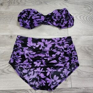 Vtg Mainstream Women's 14 Swimsuit 90s Strapless Floral 2 piece Made USA SEE PHO